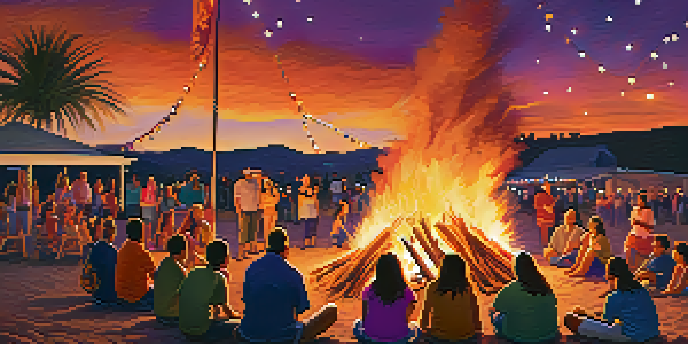 A lively gathering around a bonfire during the San Juan Festival, with families enjoying the evening and fireworks lighting up the sky.