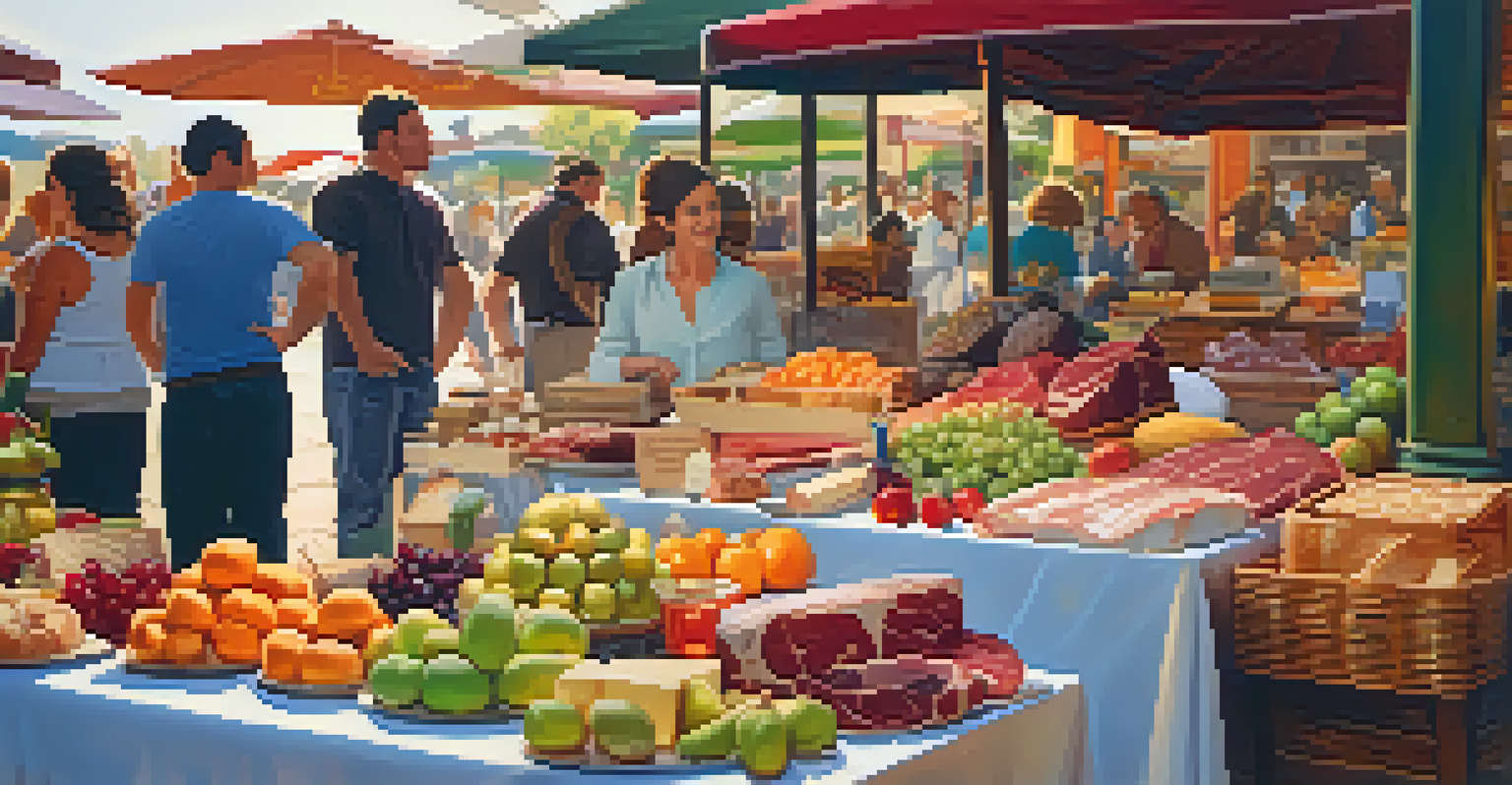 A display of gourmet foods at an artisan market, with fruits, cheeses, and cured meats invitingly arranged.