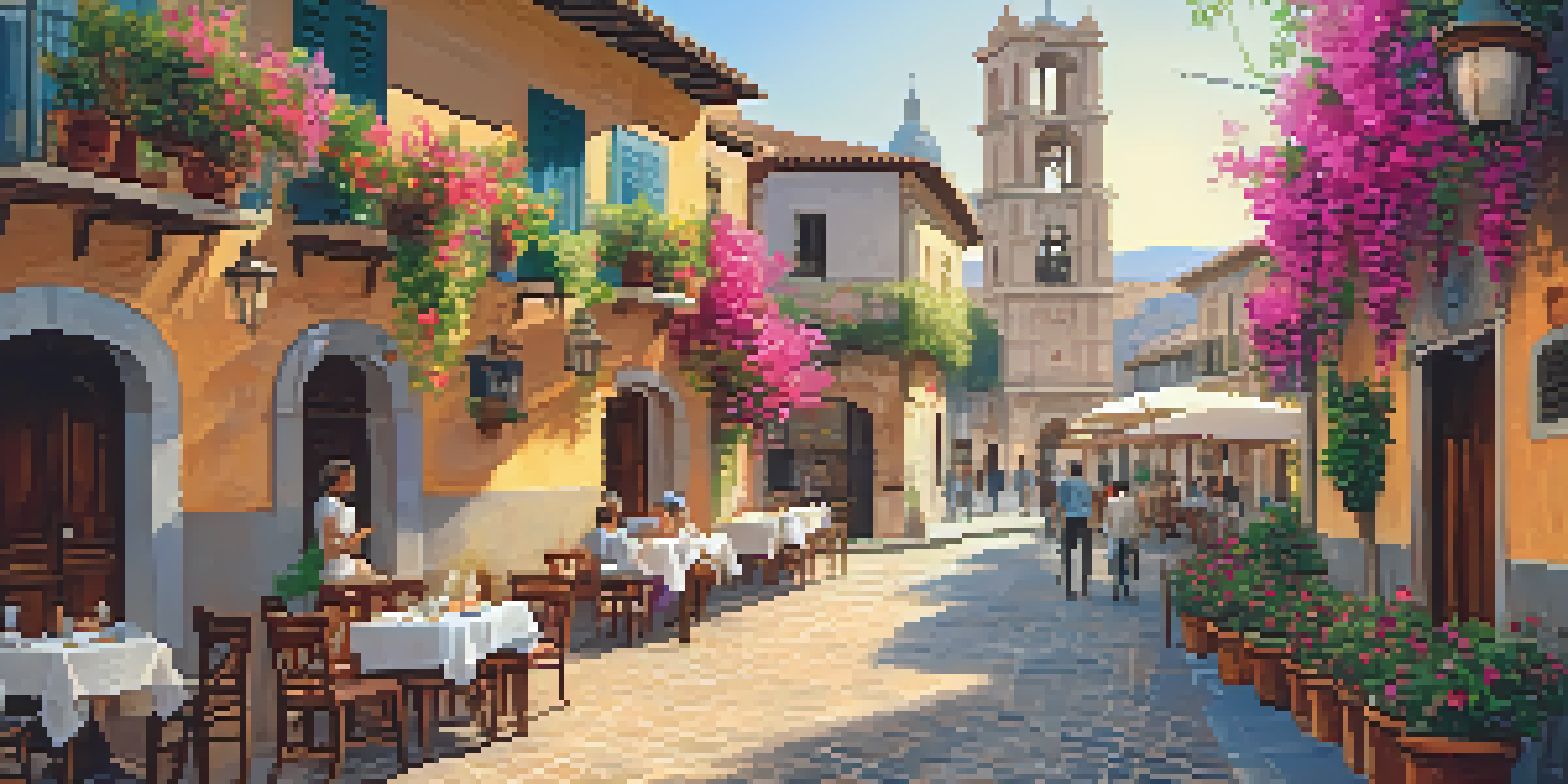 A vibrant Spanish town with colorful buildings, narrow streets, and outdoor cafes filled with people enjoying local dishes, under warm sunlight.
