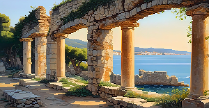 A beautiful scene of the ancient ruins of Empúries with stone columns and a view of the Mediterranean Sea.
