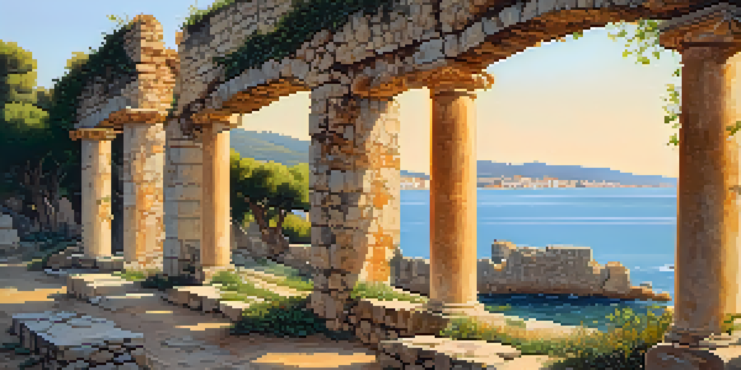 A beautiful scene of the ancient ruins of Empúries with stone columns and a view of the Mediterranean Sea.