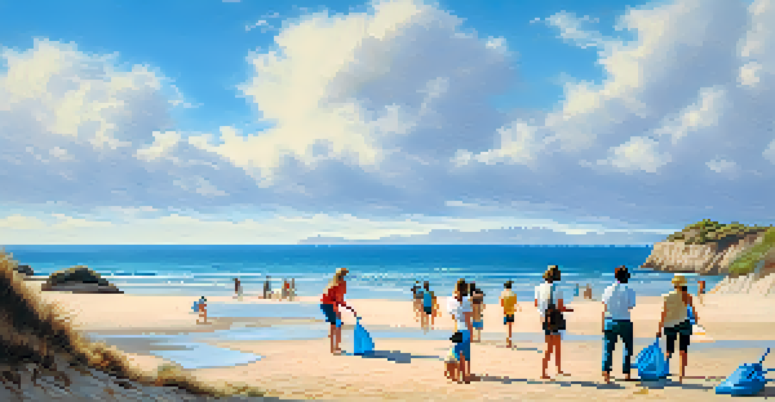 A peaceful beach in Spain where travelers are participating in a beach cleanup, with golden sand and clear blue skies.
