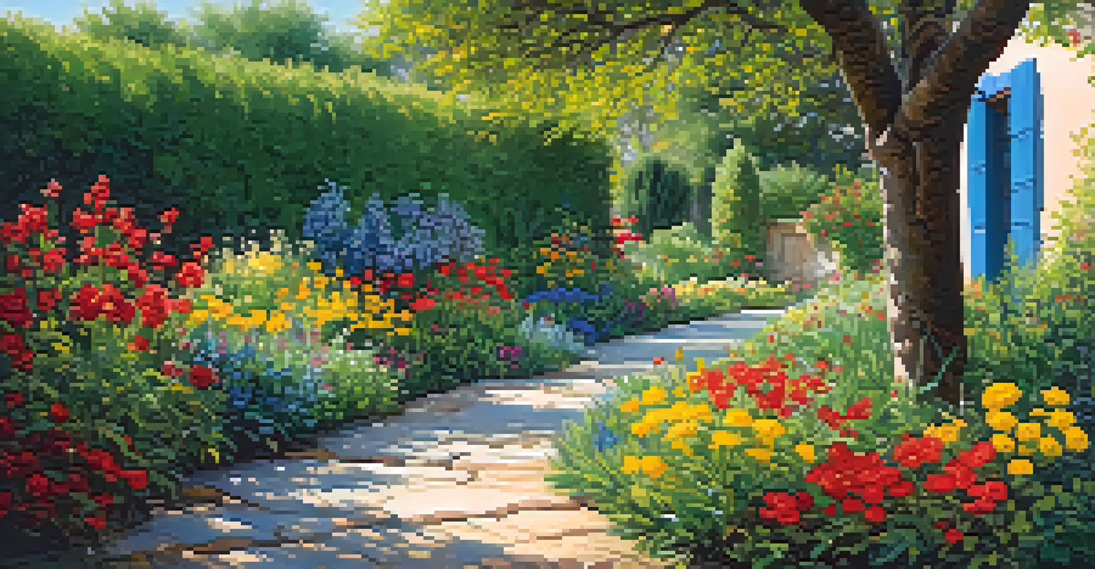 A bright and colorful garden in Spain filled with blooming flowers and dappled sunlight.