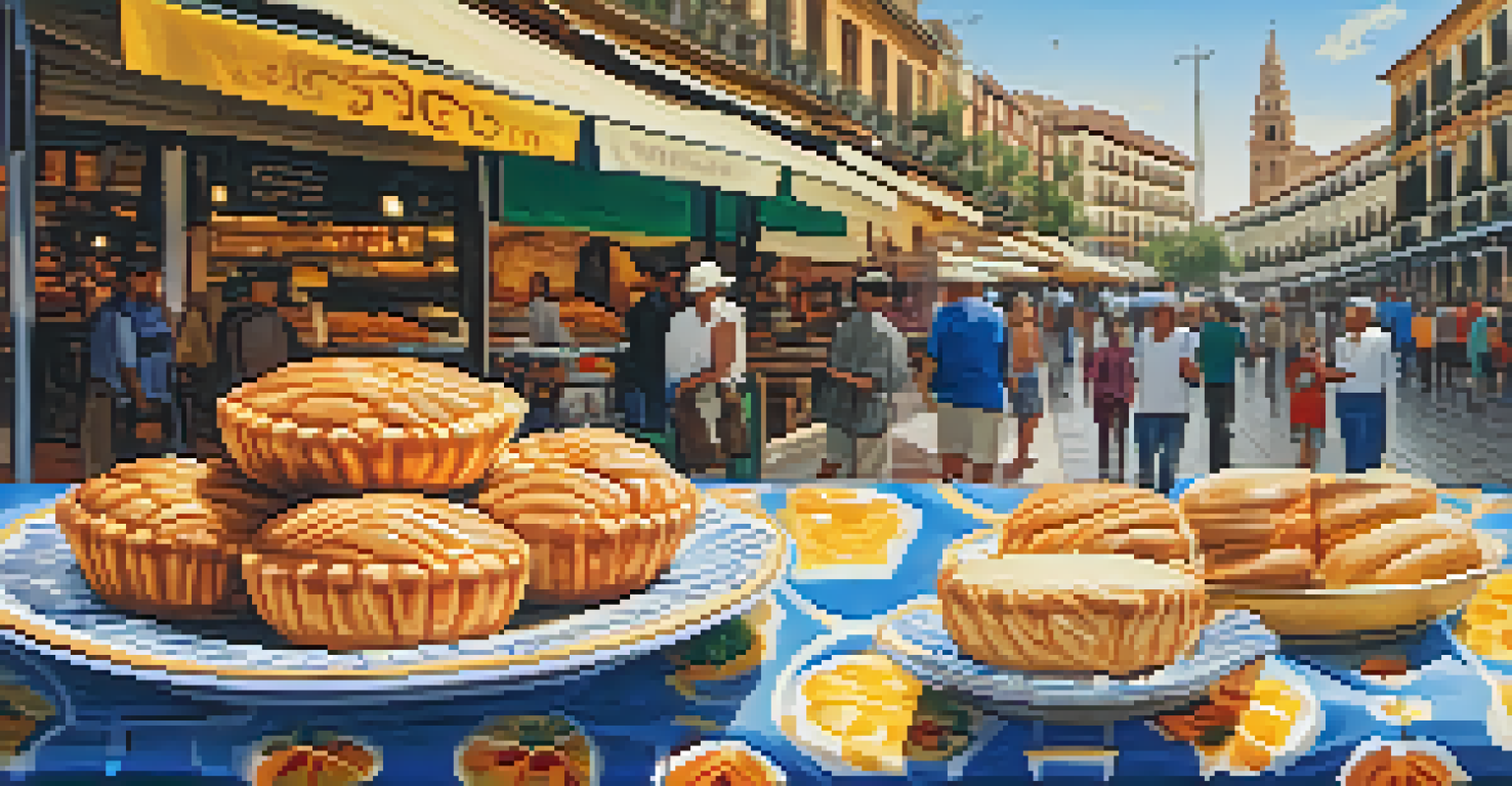 A close-up of a 'pionono' pastry on a decorative plate, with the colorful Alcaicería market stalls blurred in the background, creating a vibrant atmosphere.