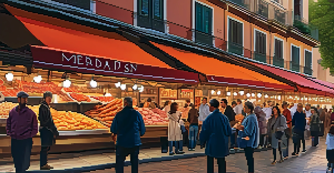 A busy market in Madrid filled with stalls of colorful Spanish tapas and visitors enjoying the food.
