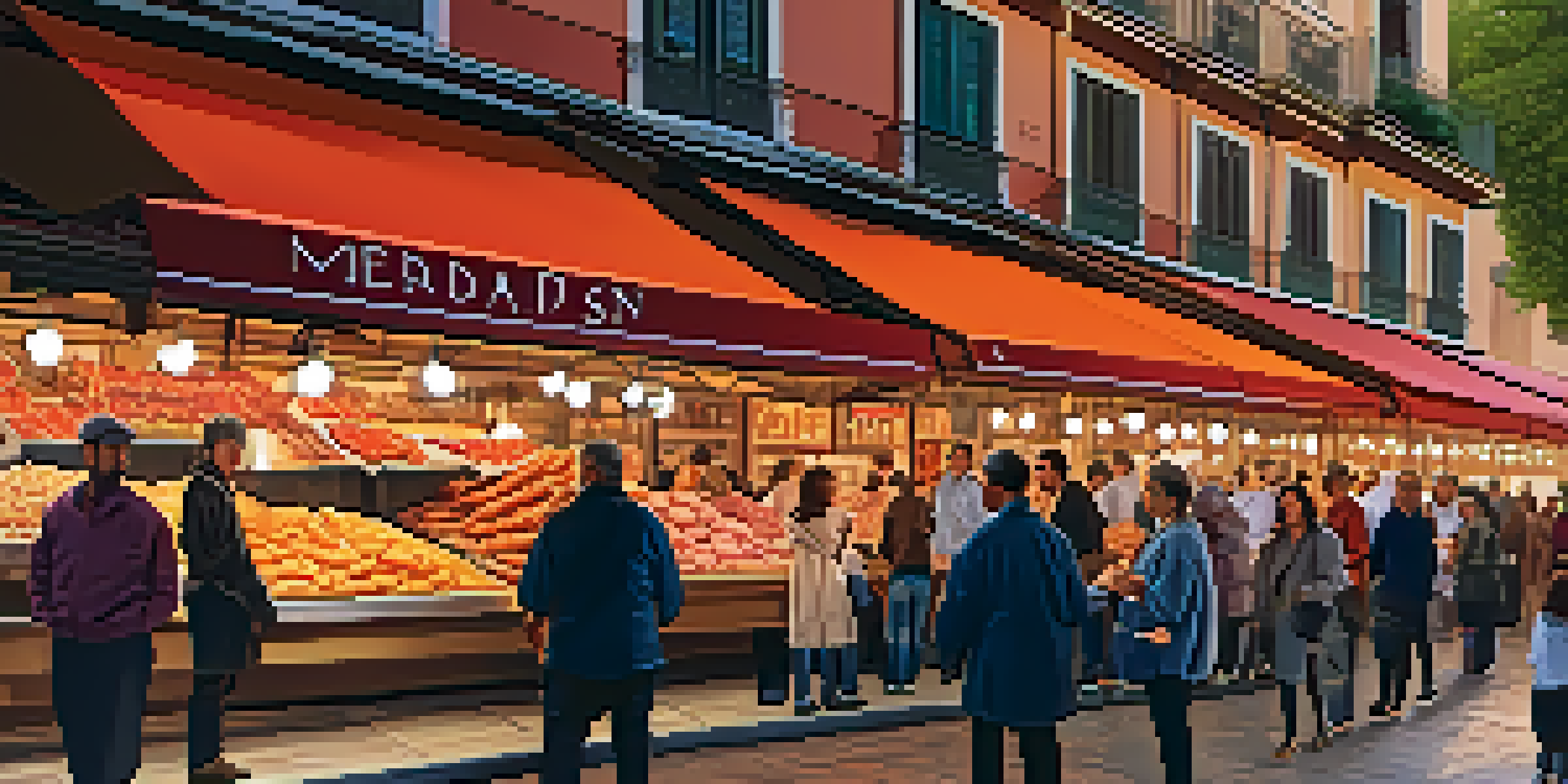 A busy market in Madrid filled with stalls of colorful Spanish tapas and visitors enjoying the food.