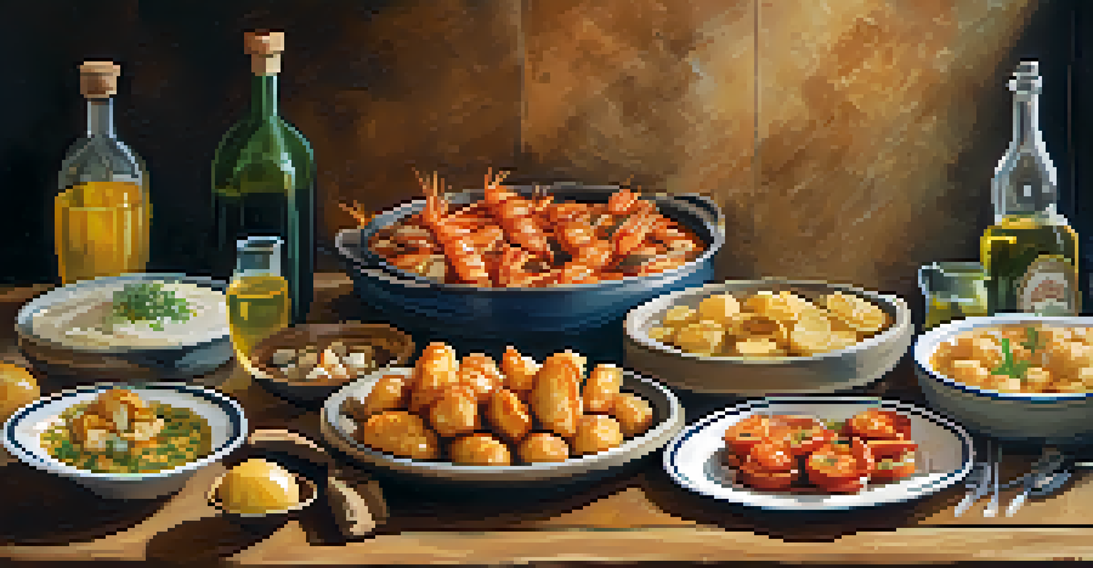 A rustic wooden table filled with various Spanish tapas dishes, showcasing vibrant colors and fresh ingredients.