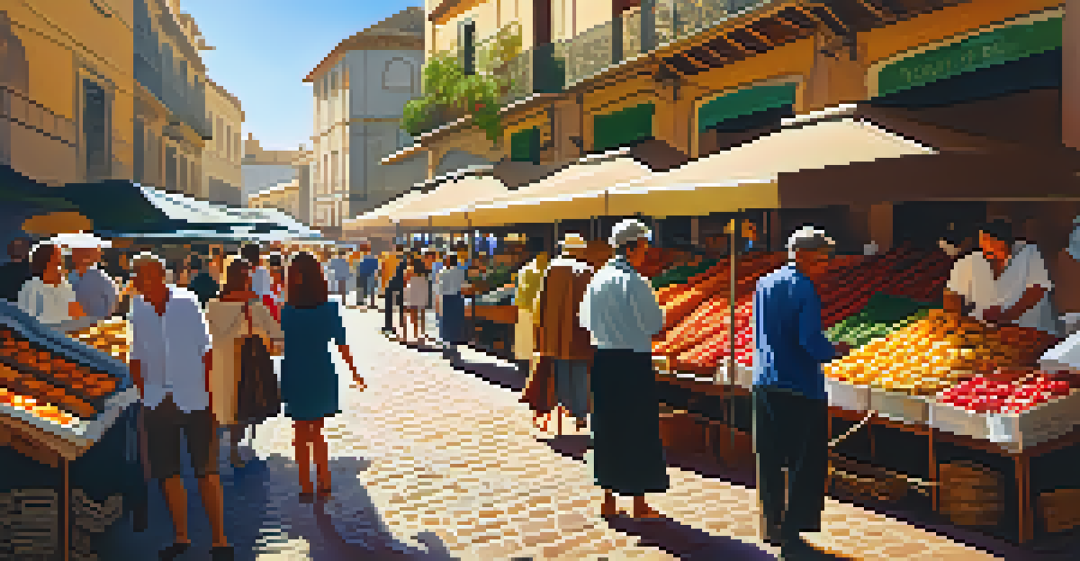 A lively local market in Seville bustling with people and colorful stalls of fresh produce.