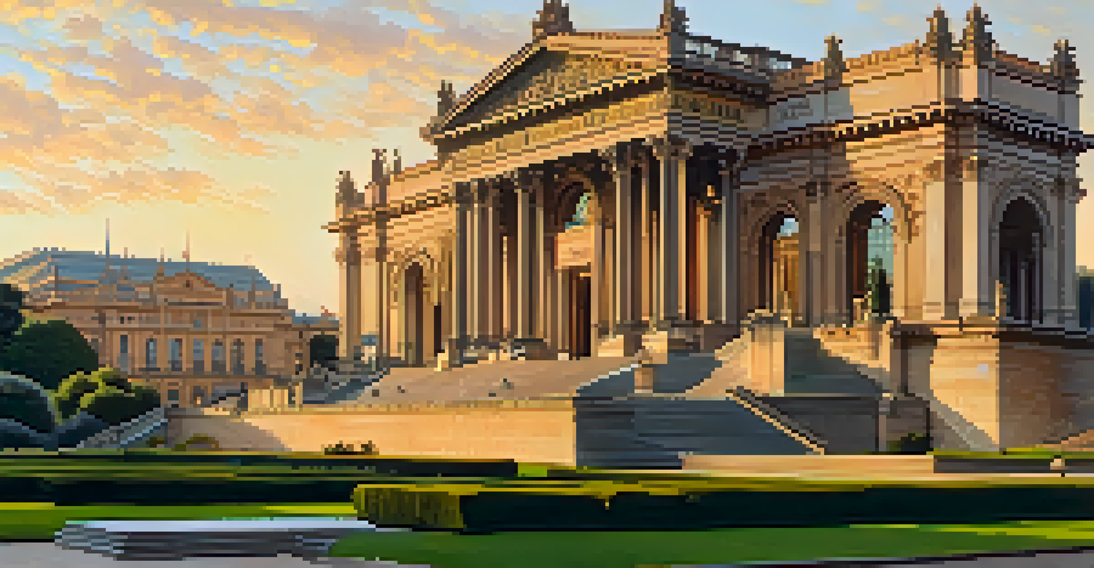 The Museu Nacional d'Art de Catalunya at sunset, featuring its grand facade and surrounding gardens, creating a warm and inviting atmosphere.