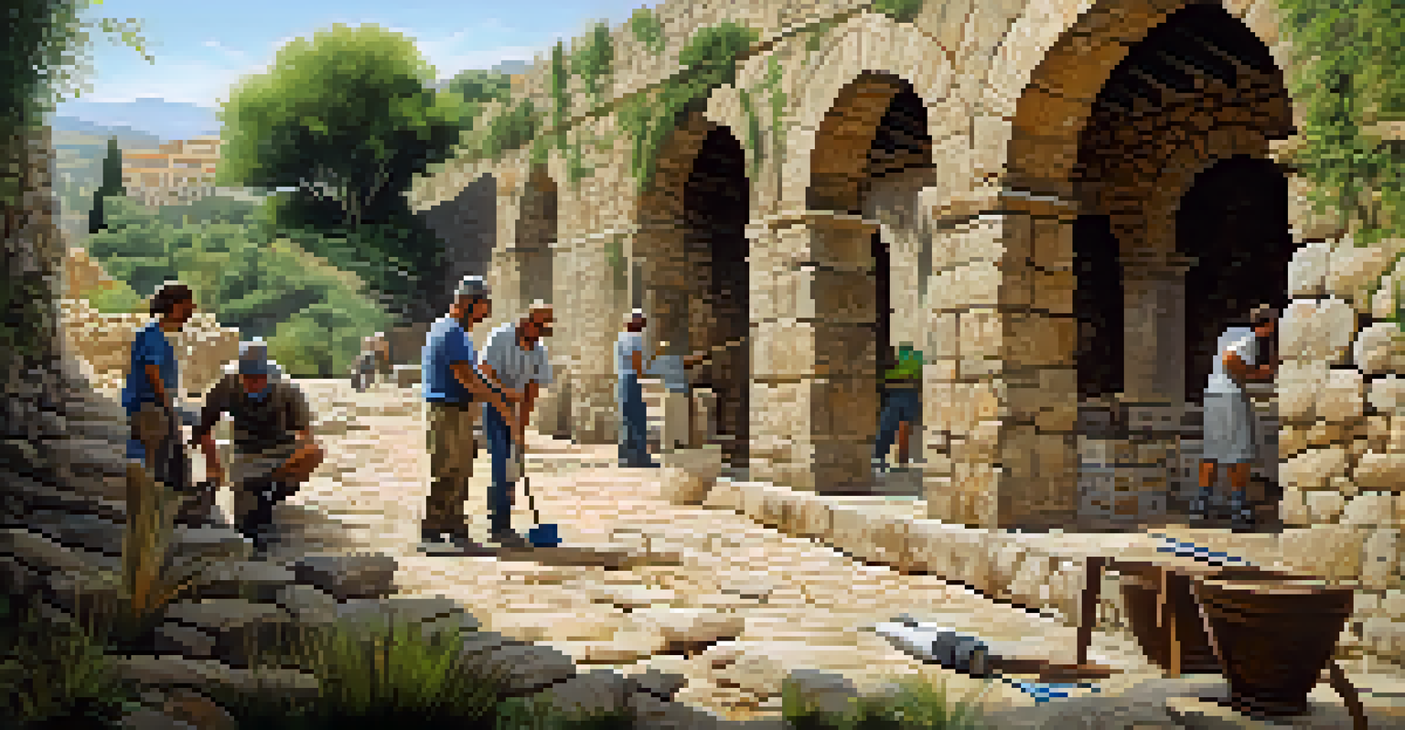 Volunteers restoring a historical site in Spain, working together amid ancient stone walls and greenery.