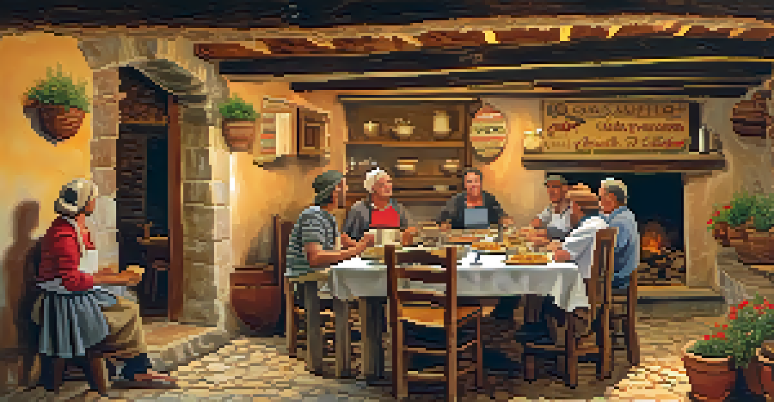 A traditional Spanish tavern along the Camino de Santiago, featuring local dishes and pilgrims enjoying their meals.