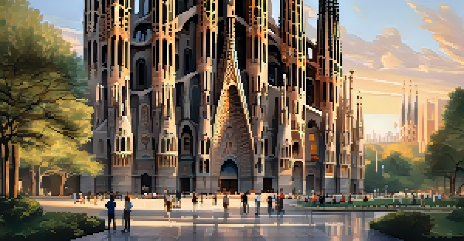 A sunset view of the Sagrada Familia in Barcelona, showcasing its famous towers and detailed architecture with people enjoying the view.