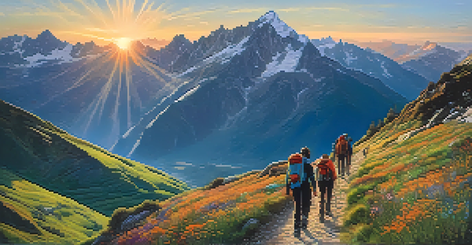 A group of hikers climbing in the Pyrenees mountains at sunrise, with snow-capped peaks and colorful wildflowers.