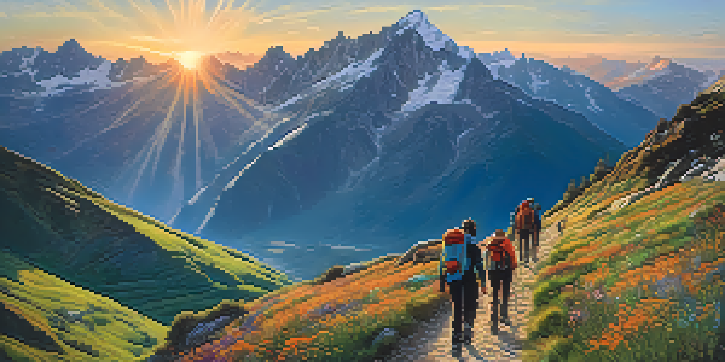 A group of hikers climbing in the Pyrenees mountains at sunrise, with snow-capped peaks and colorful wildflowers.