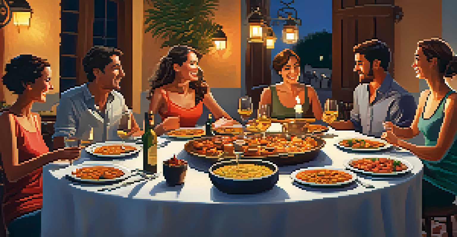 A group of friends enjoying a traditional Spanish meal with dishes like paella and tapas, surrounded by a warm candlelit atmosphere.