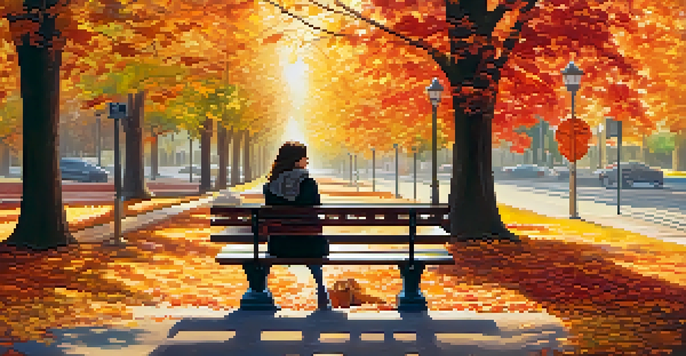 A woman sitting on a park bench surrounded by colorful autumn leaves, gazing into the distance with soft sunlight filtering through the trees.