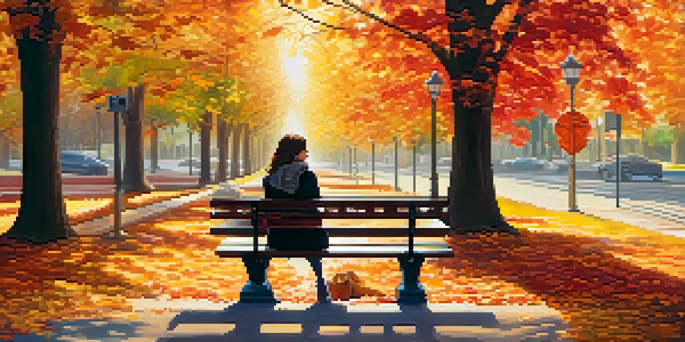 A woman sitting on a park bench surrounded by colorful autumn leaves, gazing into the distance with soft sunlight filtering through the trees.