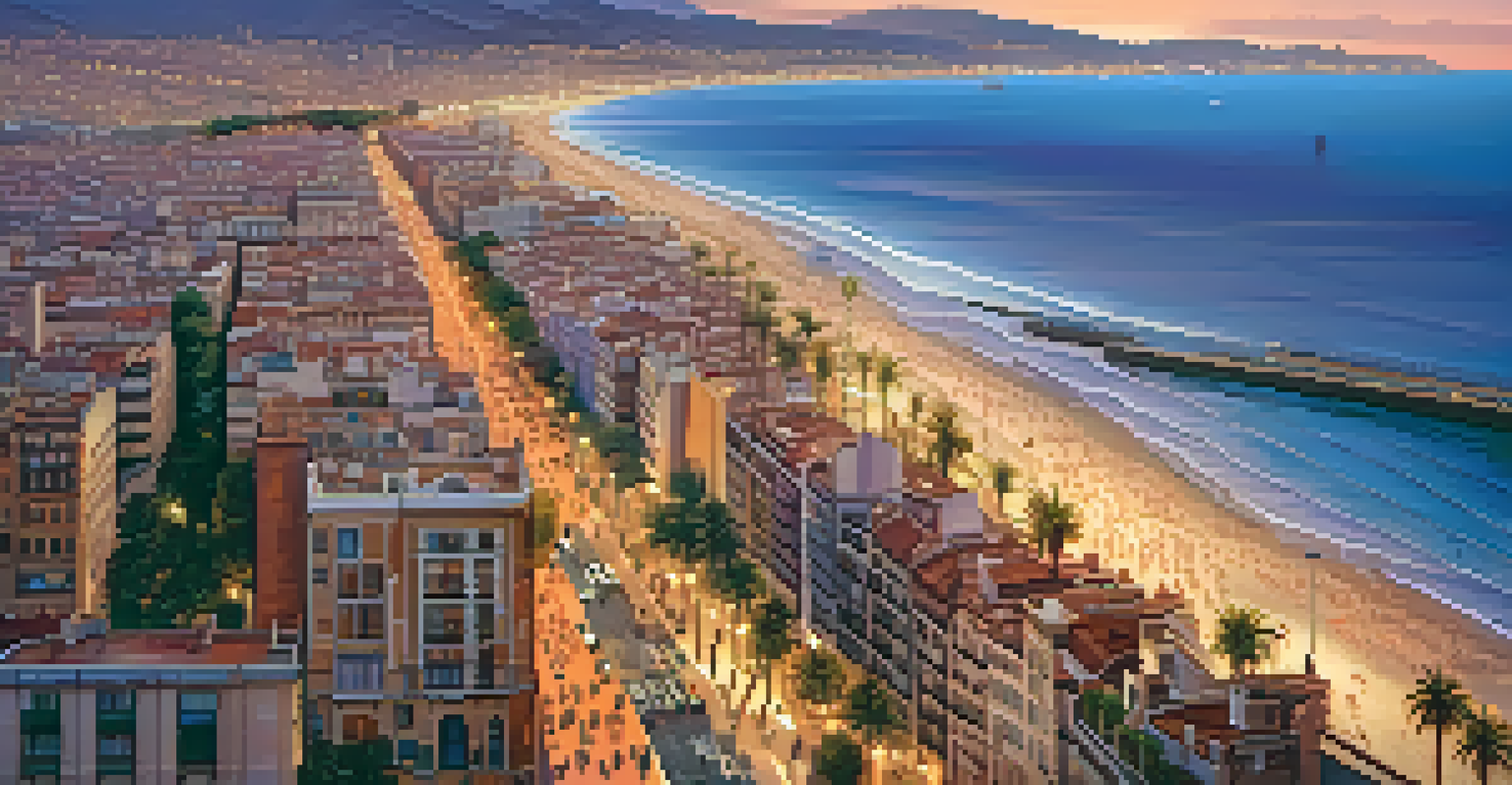 Aerial view of Barcelona's coastline during sunset, with vibrant colors in the sky and people strolling along the beach.
