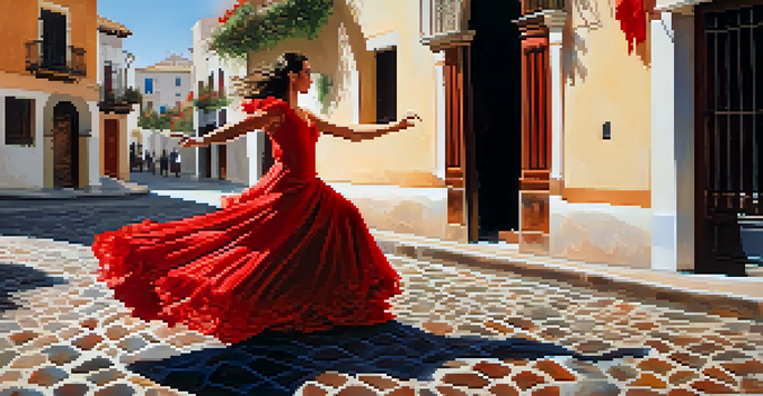 A Flamenco dancer in a red dress performing on a street in Andalusia, with an audience clapping in the background.