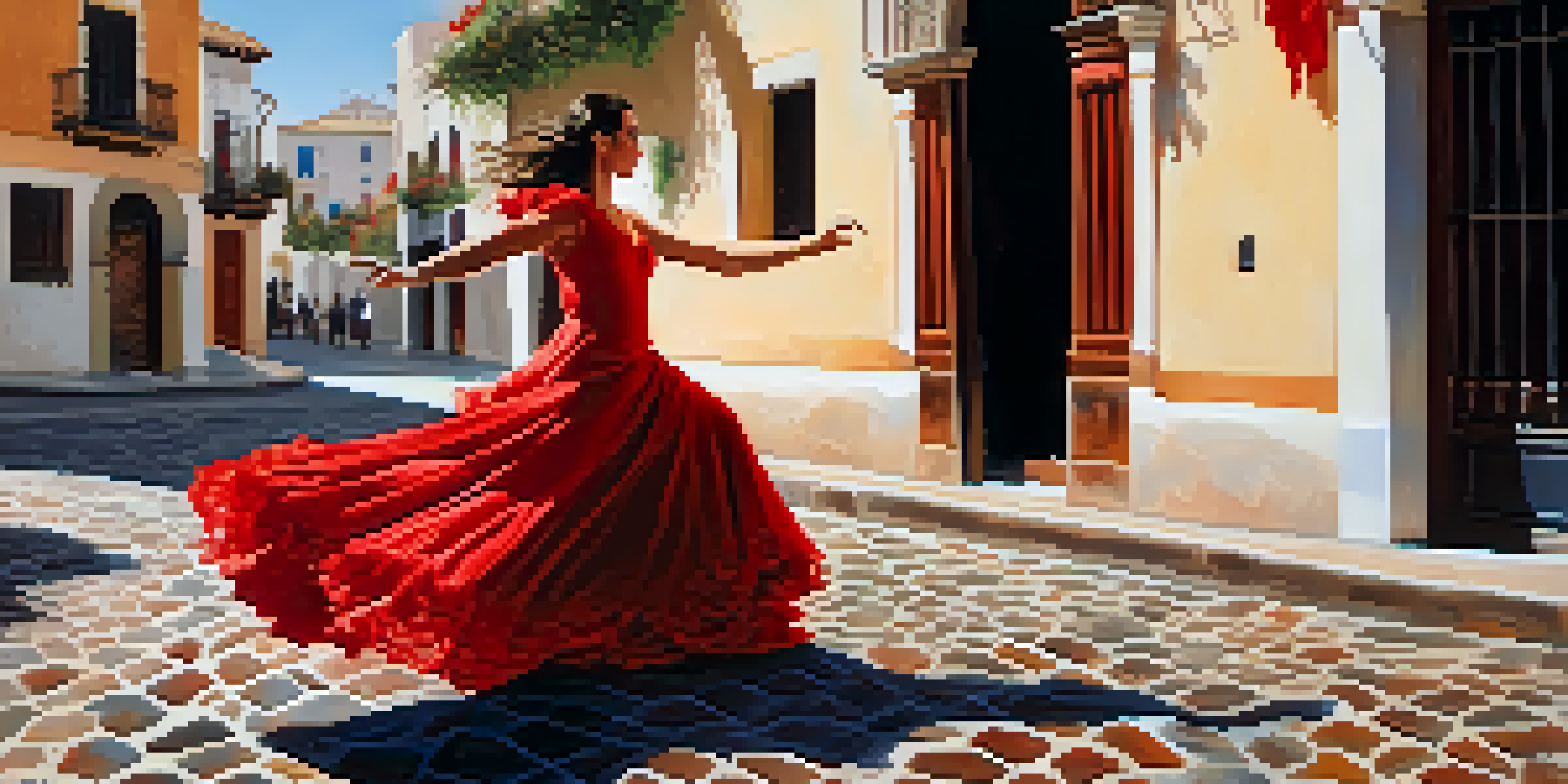 A Flamenco dancer in a red dress performing on a street in Andalusia, with an audience clapping in the background.