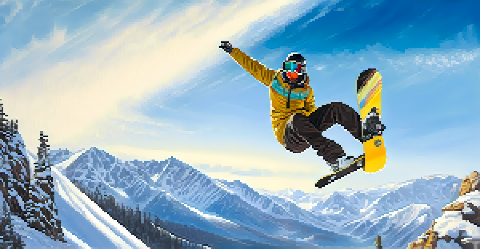 A snowboarder in mid-air performing a trick on a snowy slope with mountains and a blue sky in the background.