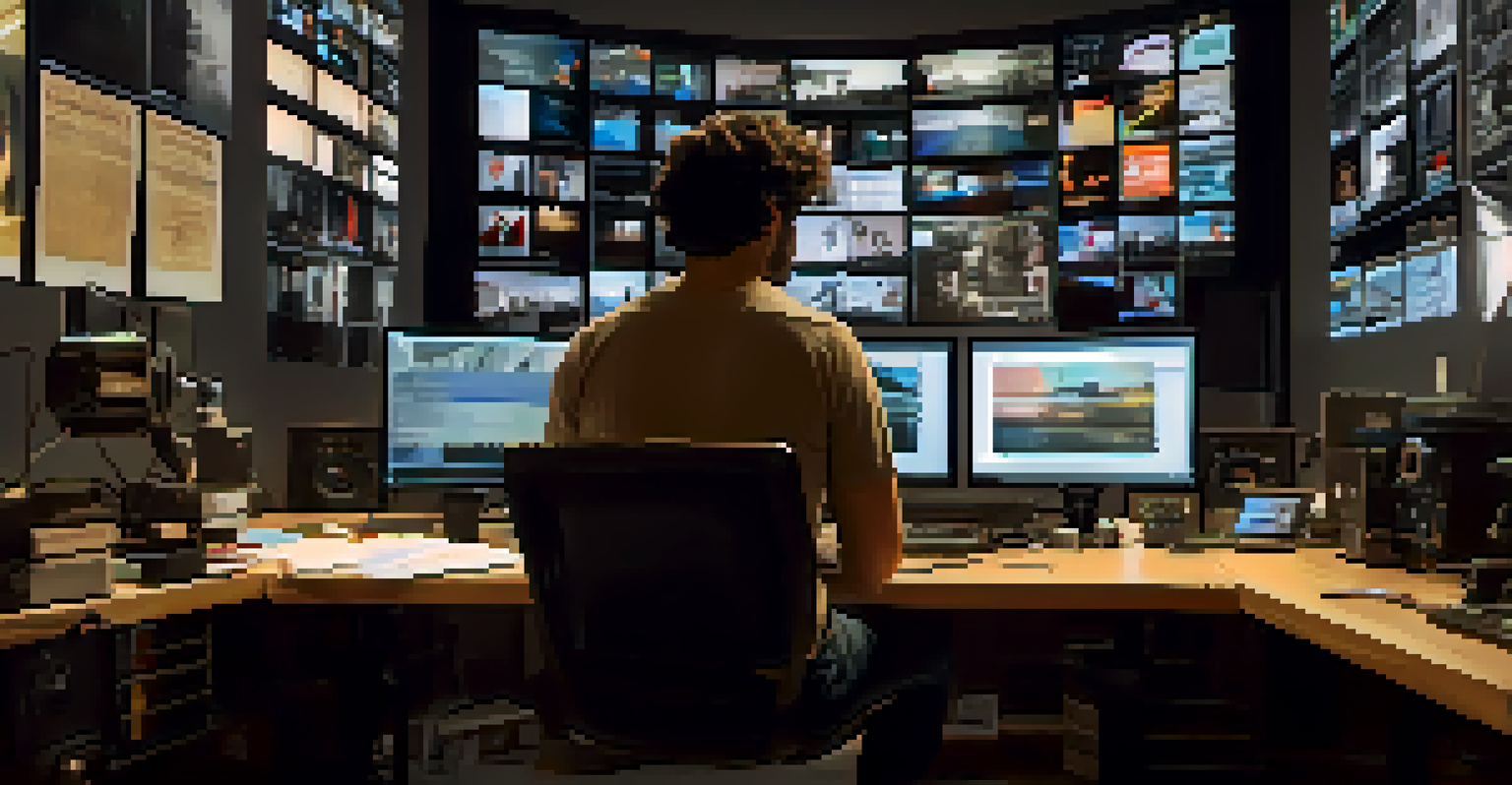 A young Spanish filmmaker focused in a modern editing room with multiple screens and creative clutter.