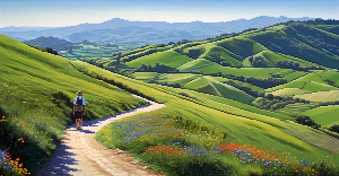 A picturesque view of the Camino de Santiago with a winding path, green valleys, wildflowers, and a lone pilgrim walking in the mountains.