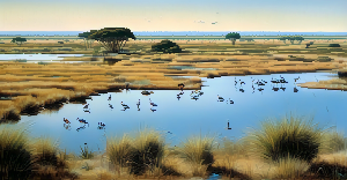 A wide view of Doñana National Park with marshes and sand dunes, featuring migratory birds and an Iberian lynx.