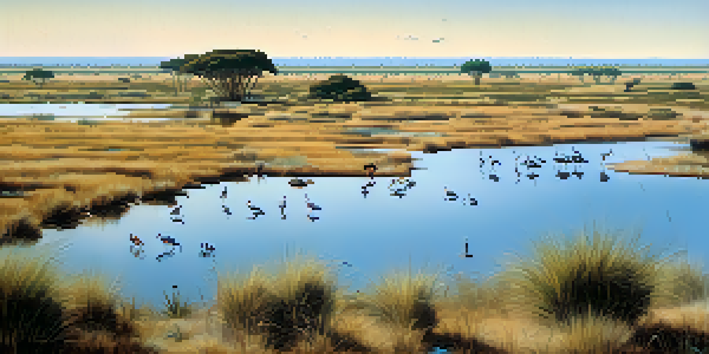 A wide view of Doñana National Park with marshes and sand dunes, featuring migratory birds and an Iberian lynx.
