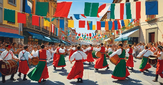 A lively street scene at a Basque festival with musicians playing traditional instruments and dancers joining in the celebration.