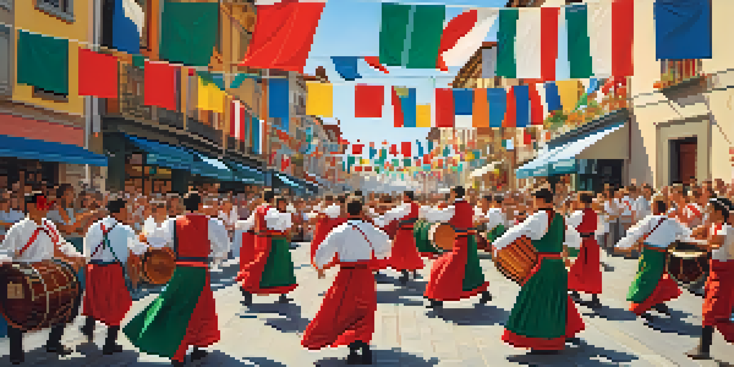 A lively street scene at a Basque festival with musicians playing traditional instruments and dancers joining in the celebration.