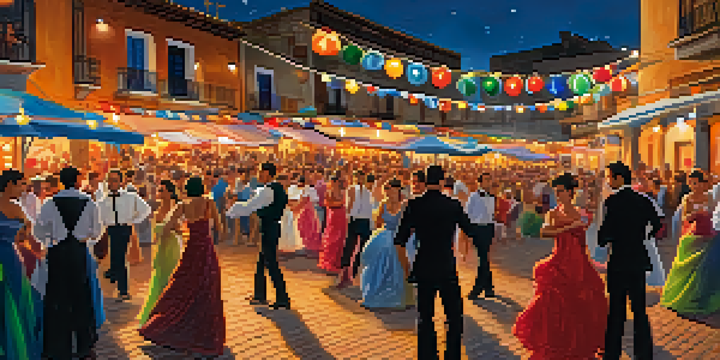 A lively festival scene featuring people in traditional attire, colorful decorations, and bright lights, showcasing the spirit of Feria de Agosto.