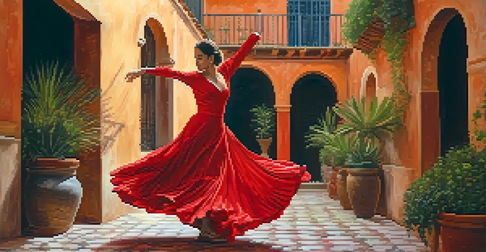 A Flamenco dancer in a red dress performing with passion in a rustic Spanish courtyard.