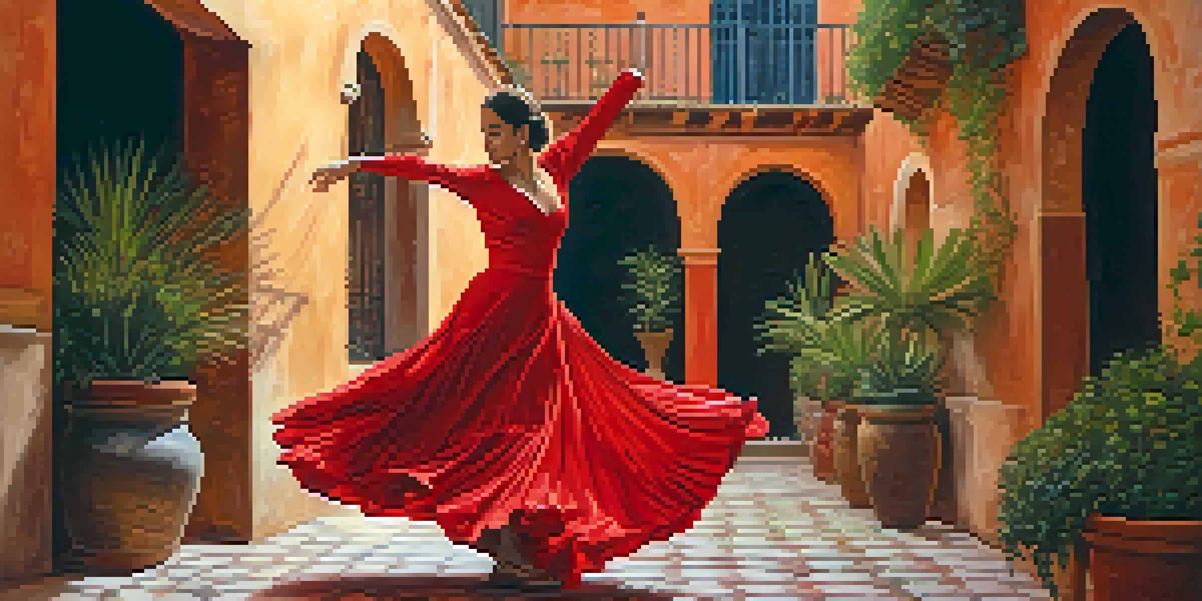 A Flamenco dancer in a red dress performing with passion in a rustic Spanish courtyard.