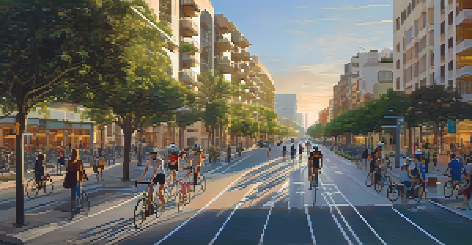 An aerial view of Valencia displaying a network of bike lanes filled with cyclists, modern buildings, and green spaces during golden hour.