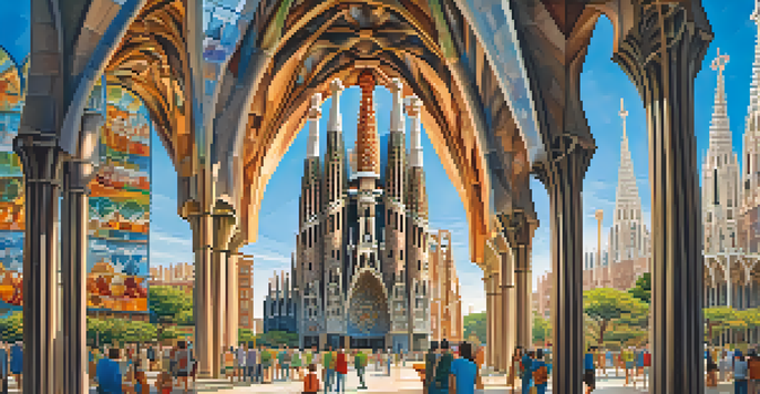 A panoramic view of La Sagrada Familia with intricate details and colorful stained glass, under a clear blue sky.