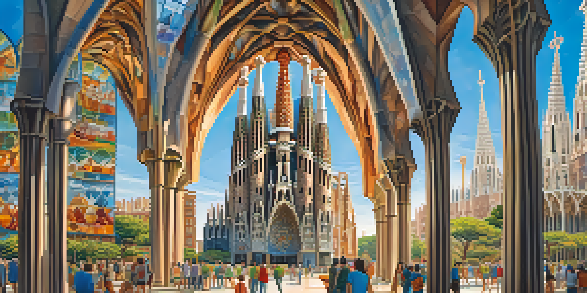 A panoramic view of La Sagrada Familia with intricate details and colorful stained glass, under a clear blue sky.