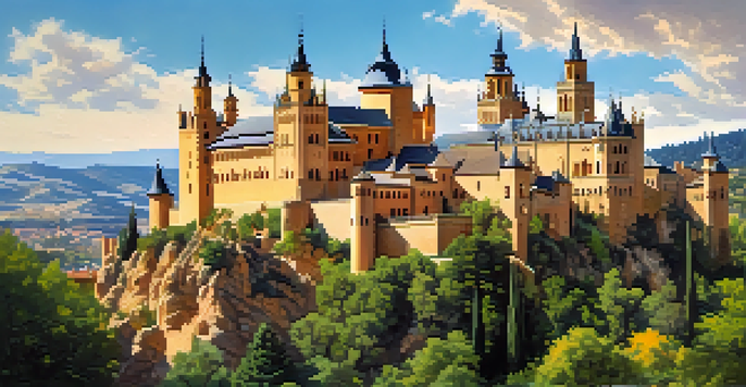 A panoramic view of the Alcázar of Segovia, featuring its fairy-tale architecture and surrounding greenery.