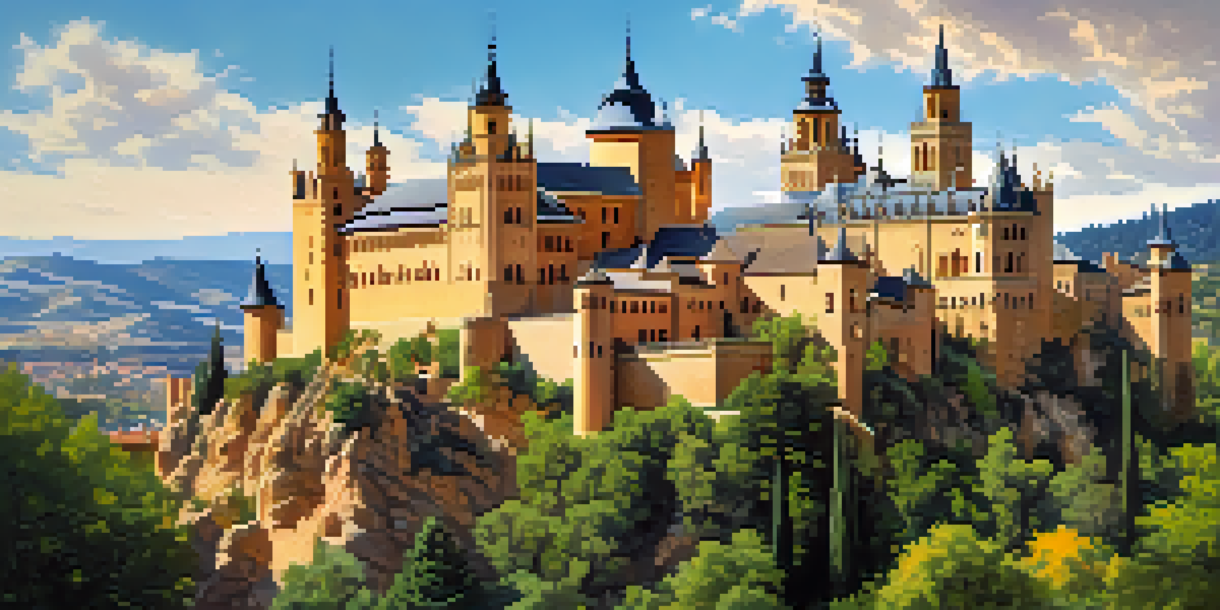 A panoramic view of the Alcázar of Segovia, featuring its fairy-tale architecture and surrounding greenery.