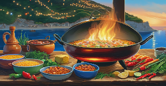An outdoor cooking scene showcasing a paella pan filled with colorful seafood and vegetables, surrounded by rustic decorations and twinkling lights.