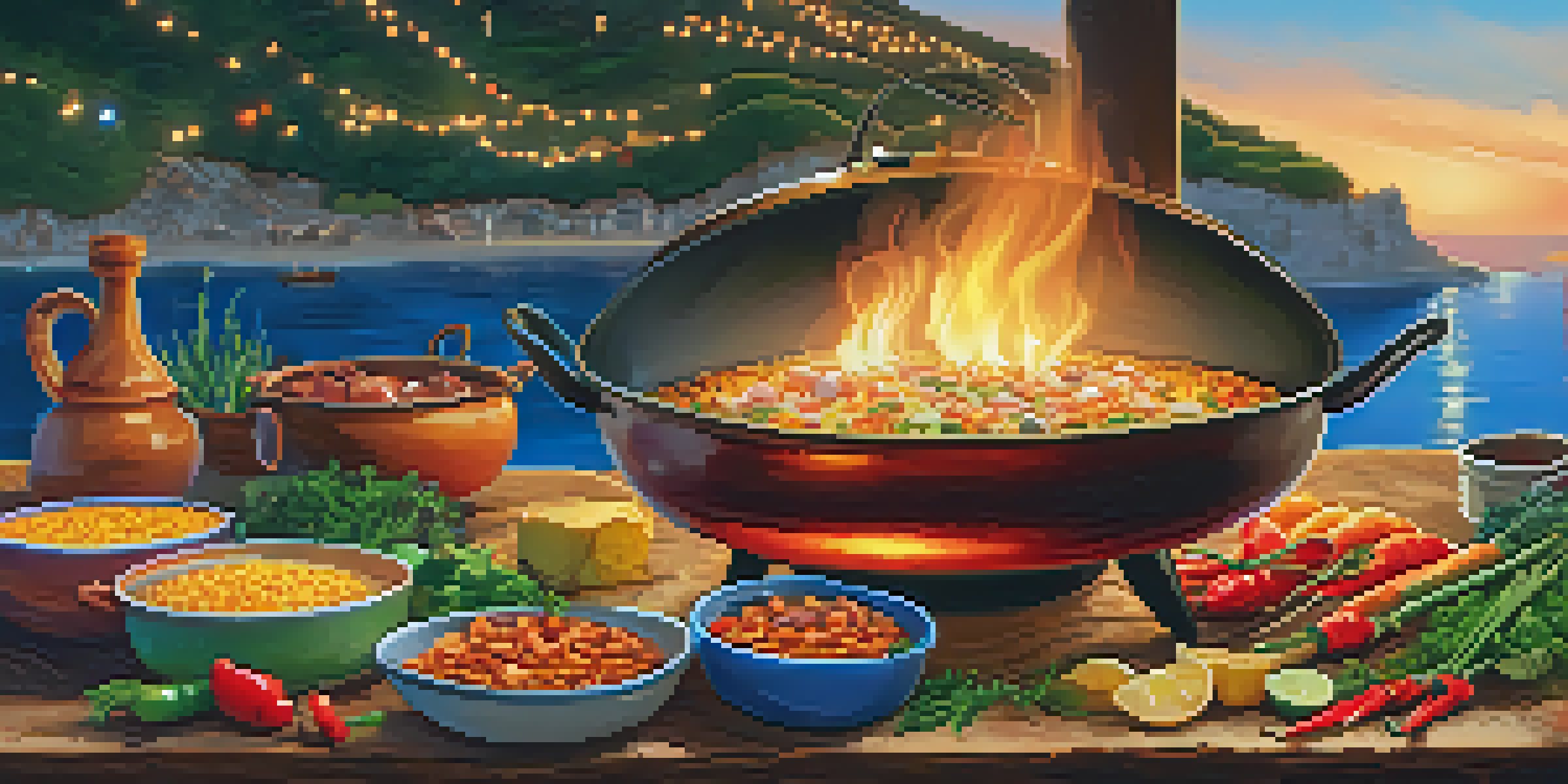 An outdoor cooking scene showcasing a paella pan filled with colorful seafood and vegetables, surrounded by rustic decorations and twinkling lights.