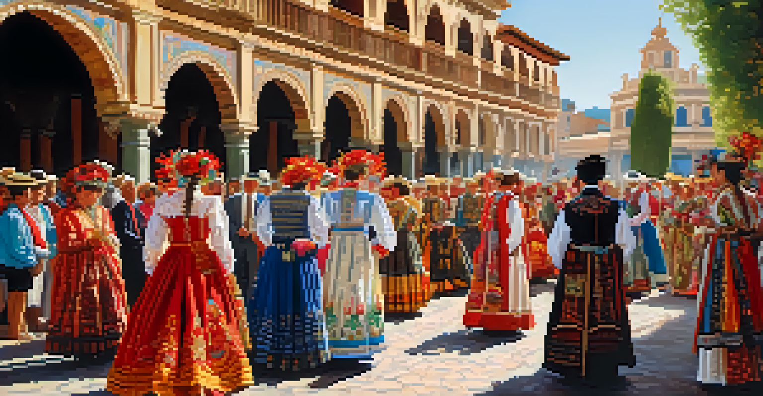 A lively outdoor festival in Spain with participants wearing traditional embroidered costumes.