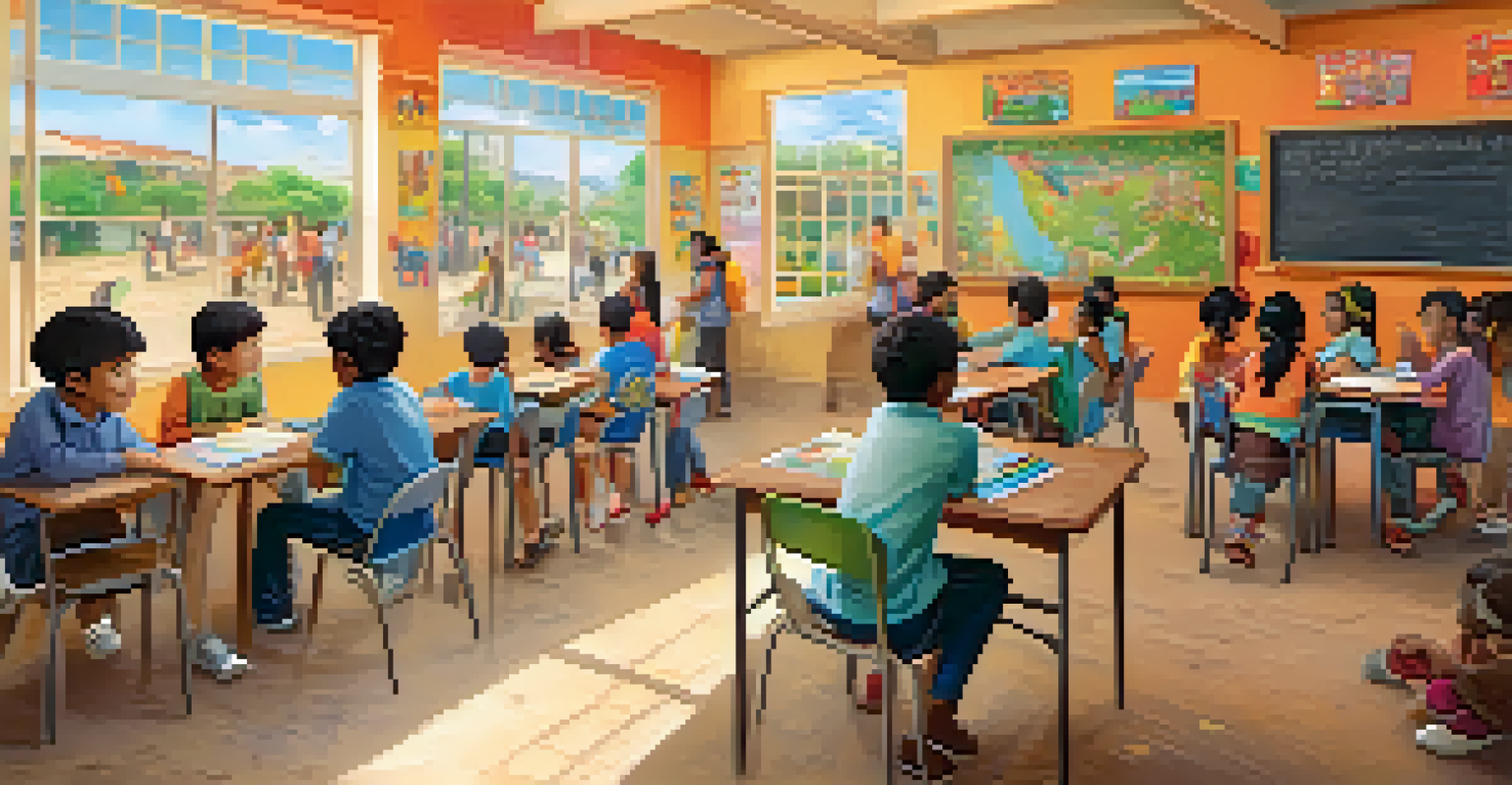 A volunteer teaching English to local students in a vibrant classroom, with colorful decorations and engaging activities.