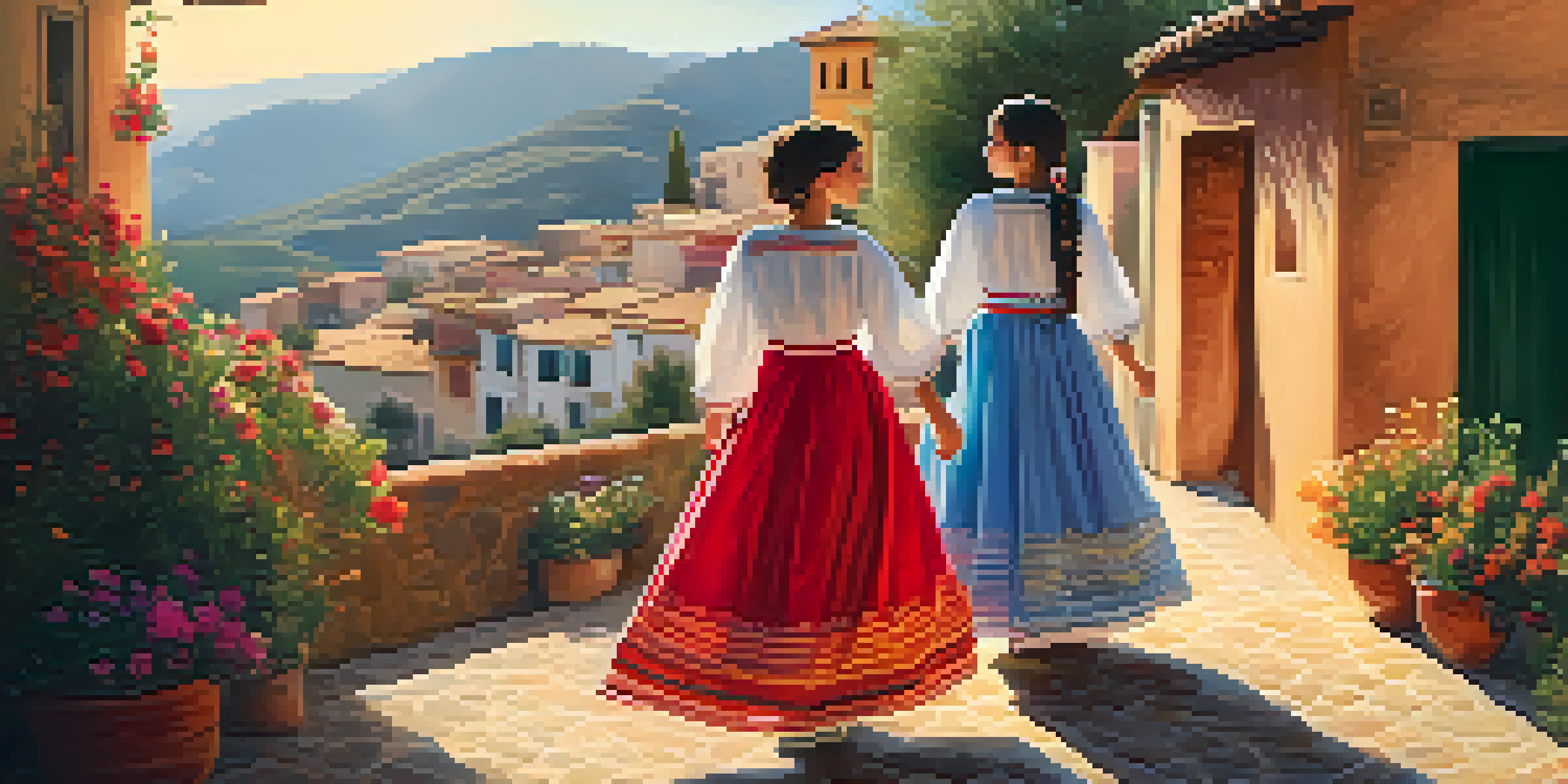Three sisters in traditional Spanish attire stand together in a colorful village, symbolizing bravery, wisdom, and love, under warm sunlight.