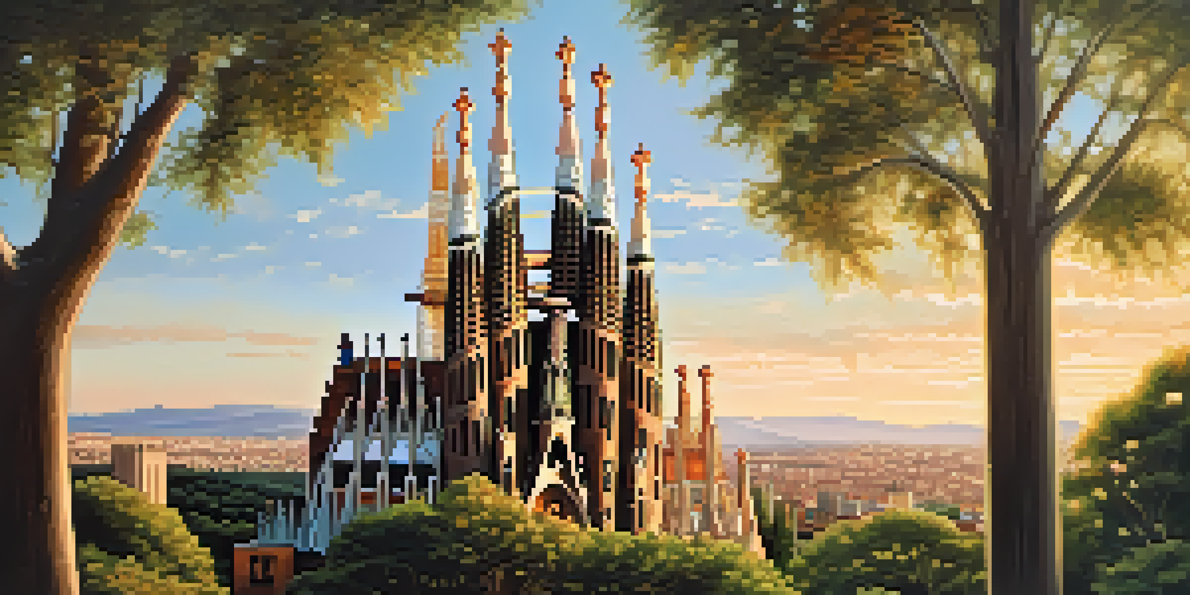 A panoramic view of the Sagrada Familia illuminated by sunset, showcasing its intricate architectural details and surrounding greenery.