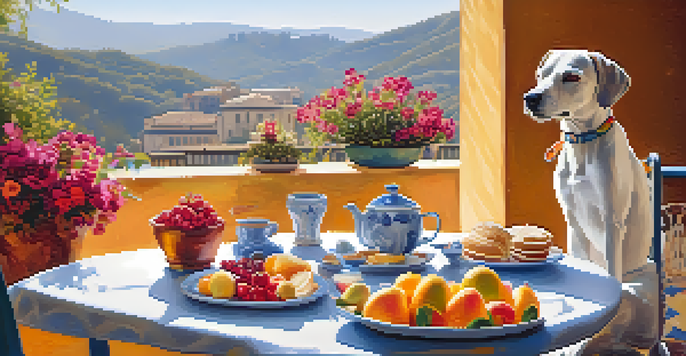 A woman having breakfast on a sunny terrace with her small dog by her feet, surrounded by flowers and a cozy table setting.