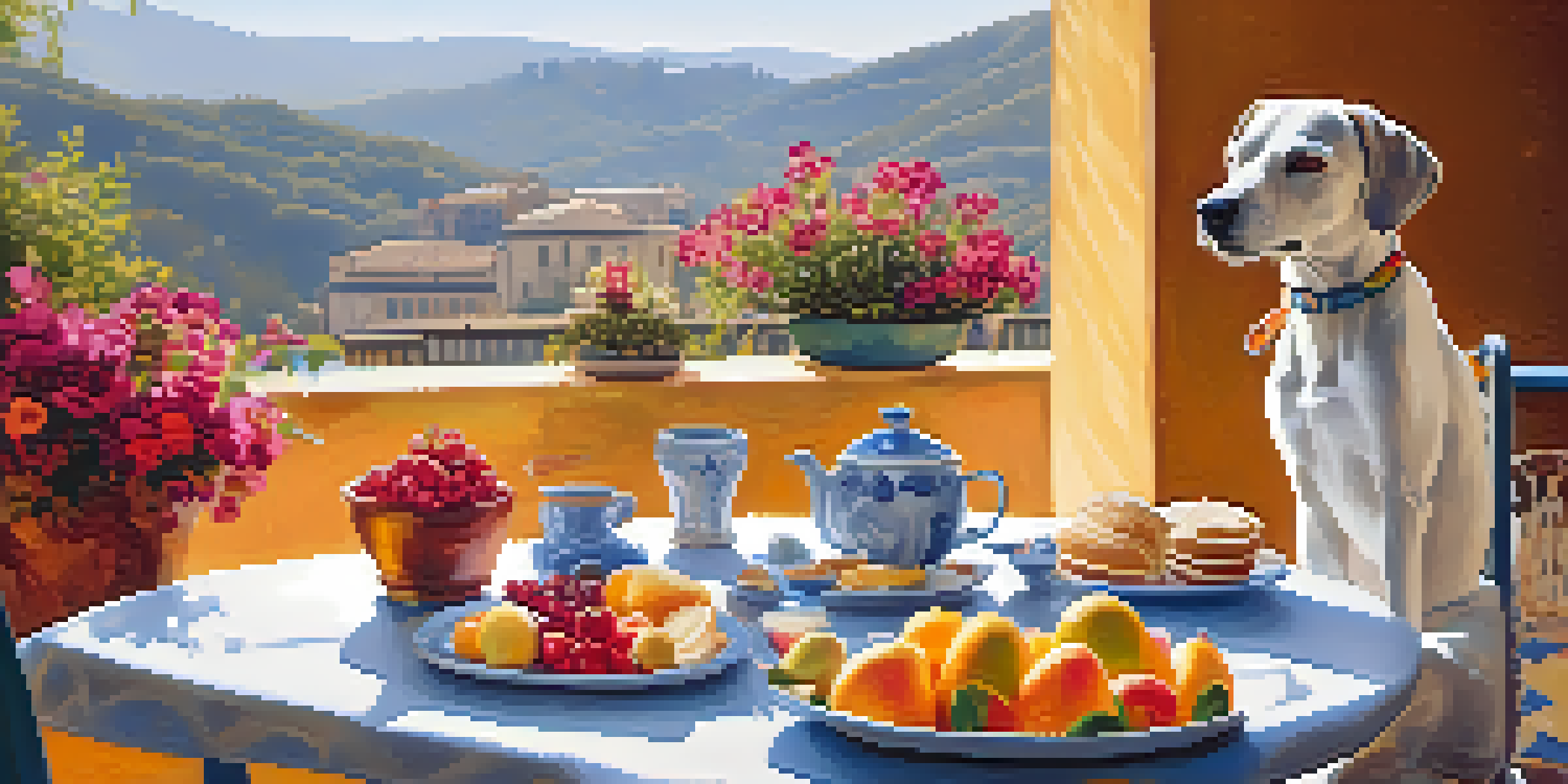 A woman having breakfast on a sunny terrace with her small dog by her feet, surrounded by flowers and a cozy table setting.