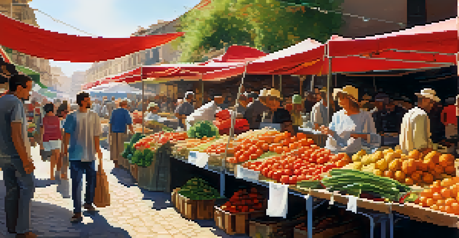 A bustling Spanish market filled with seasonal fruits and vegetables.