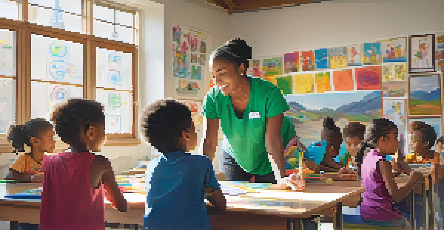 A volunteer teaching children in a colorful classroom filled with art supplies and natural light.