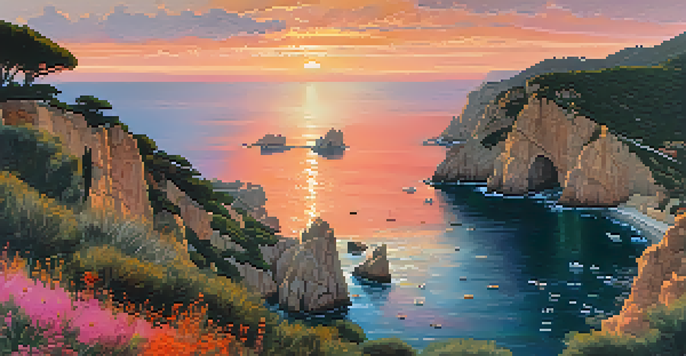 A breathtaking sunset over the Mediterranean Sea, with rugged cliffs and blooming wildflowers in the foreground, and silhouettes of fishing villages in the distance.